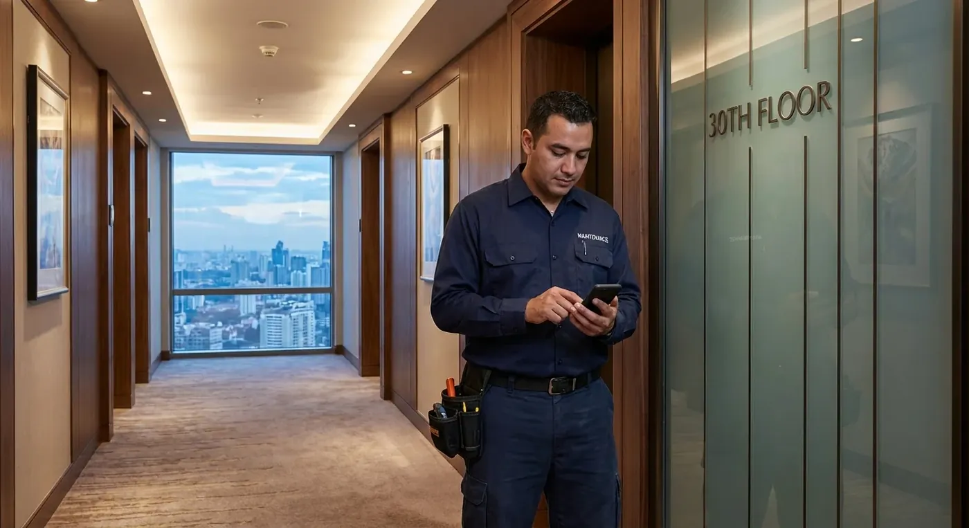 Technicien consultant GSE-Web sur smartphone dans un couloir d'hôtel haut de gamme, vue sur la ville depuis l'étage