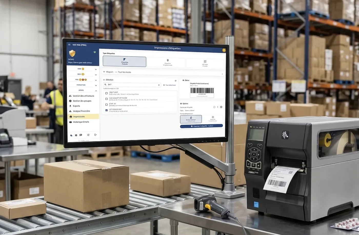 Étiquette pharmaceutique imprimée avec numéro de lot, statut conforme, conditions de stockage, code-barres