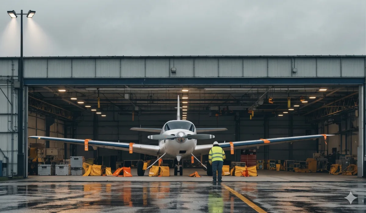 Hangar aéronautique — maintenance avion et composants critiques tracés