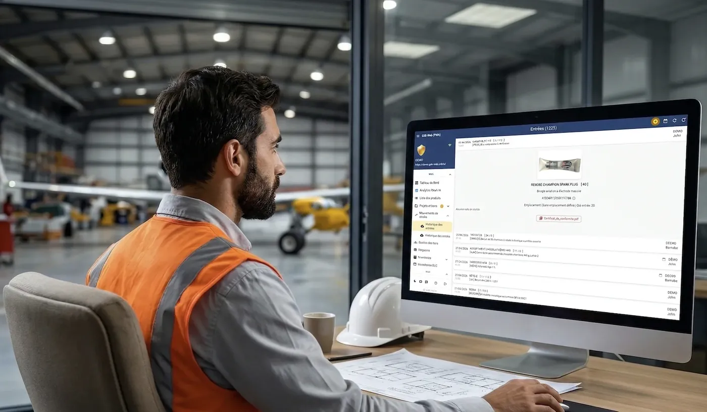 Interface GSE-Web affichant historique des mouvements, statuts pièces, documents associés — design épuré