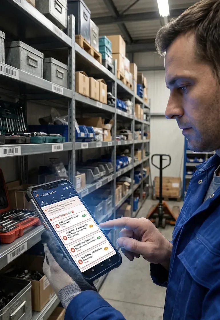 notification_d'alerte_GSE-Web_sur_smartphone_du_magasinier__etageres_de_pieces_industrielles_en_fond