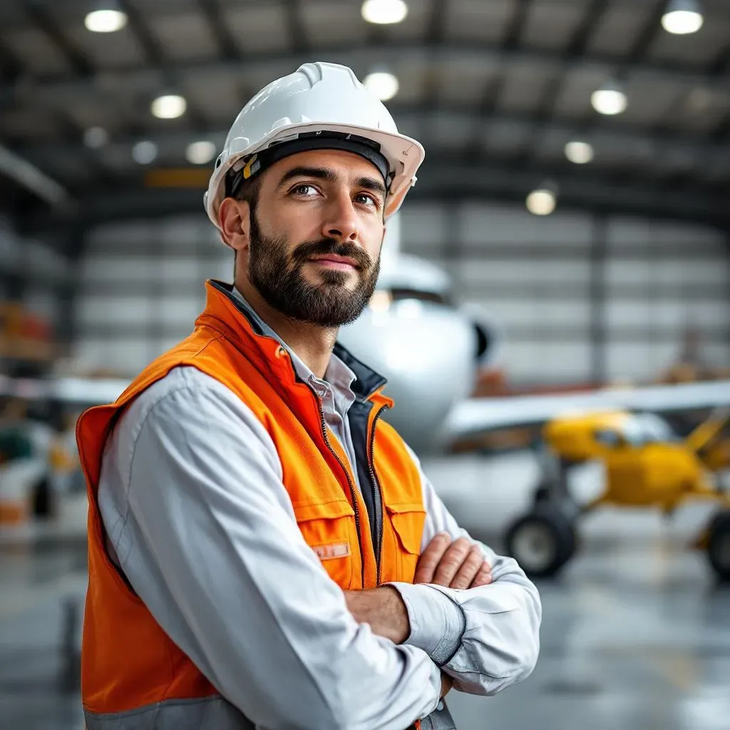 Responsable maintenance dans un hangar aéronautique, avion en arrière-plan, tenue professionnelle, ambiance technique